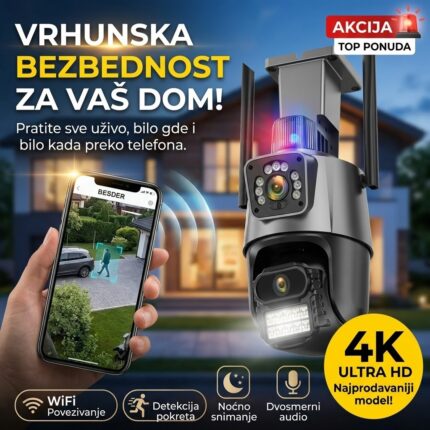 Wifi IP PTZ kamera sa 2 sočiva, sirenom i 4K rezolucijom