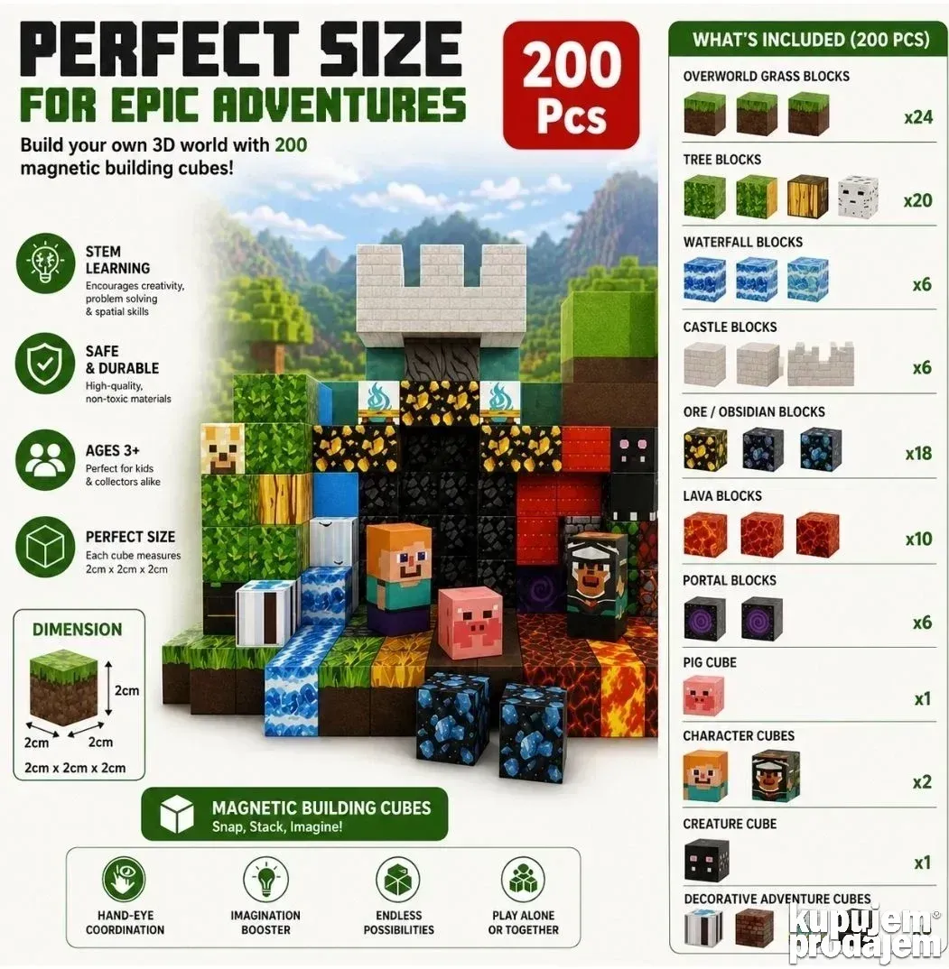 Magnetne Minecraft kocke za igru Mega set od 200 delova - Slika 2
