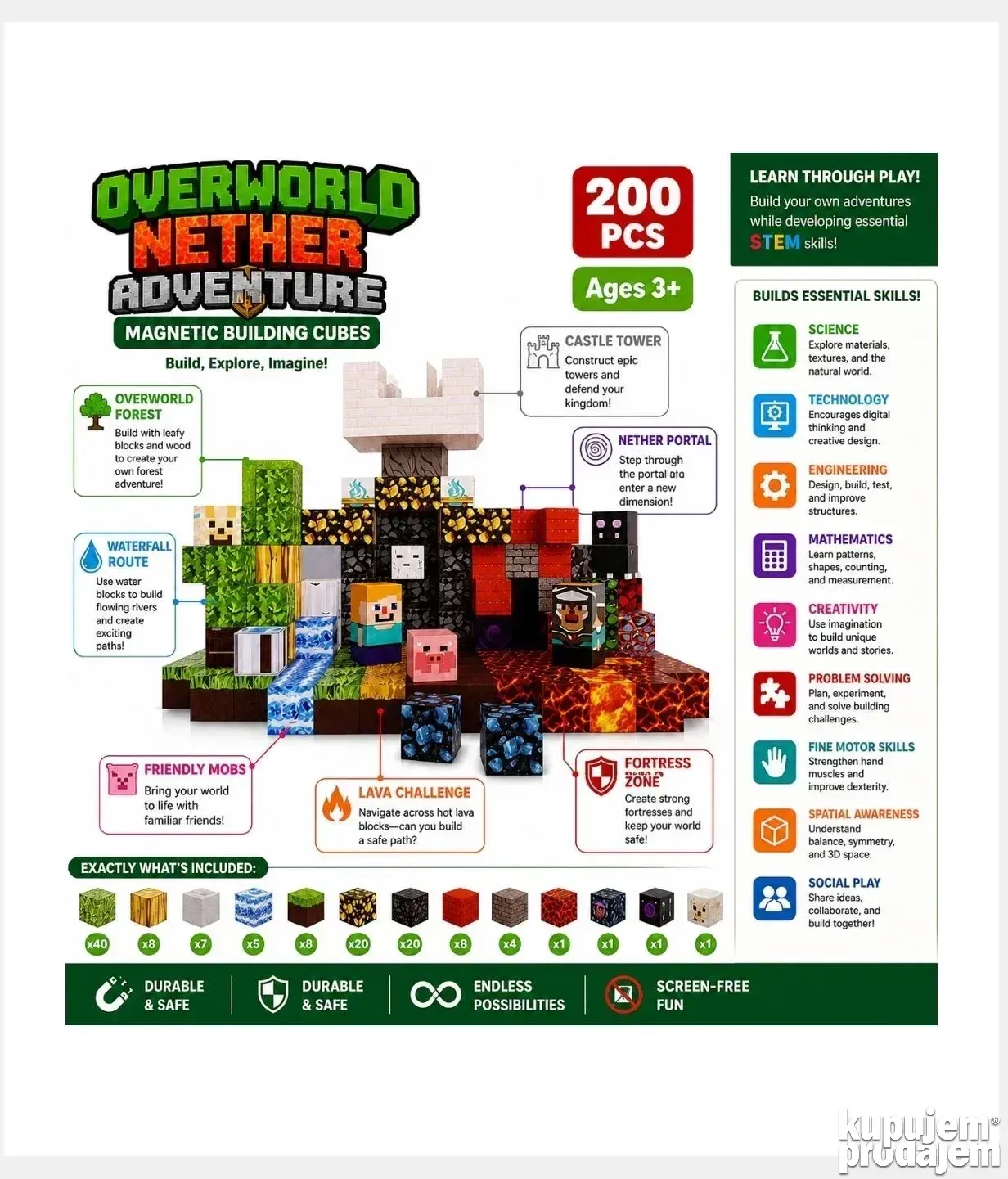 Magnetne Minecraft kocke za igru Mega set od 200 delova - Slika 4